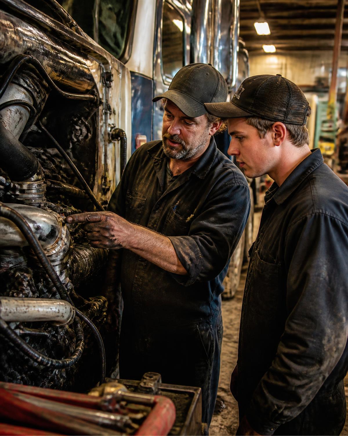 A diesel mechanic working on a truck engine