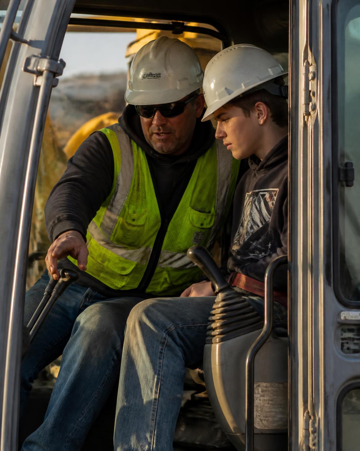 A heavy equipment operator showing a teenager the controls of an excavator