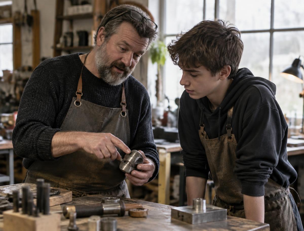 A machinist in his workshop showing a curious teenager how a part is made